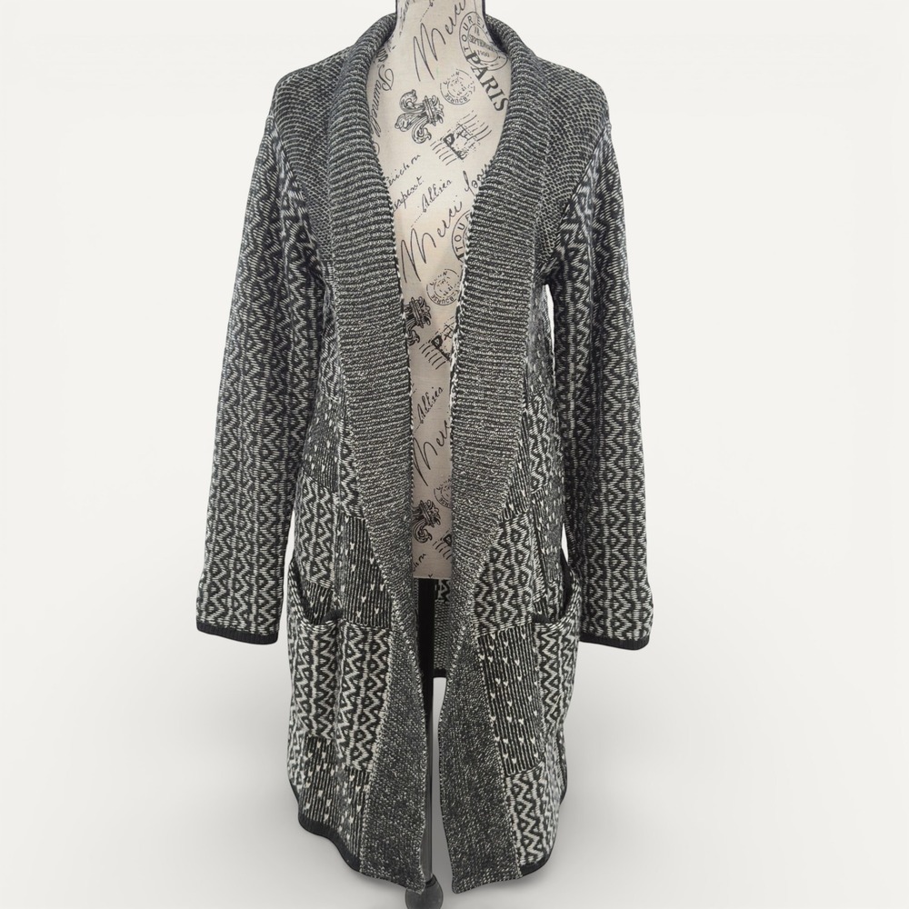 J. Jill Black White Patchwork Long S Cardigan Wool Blend Nordic Cozy‎ Eclectic